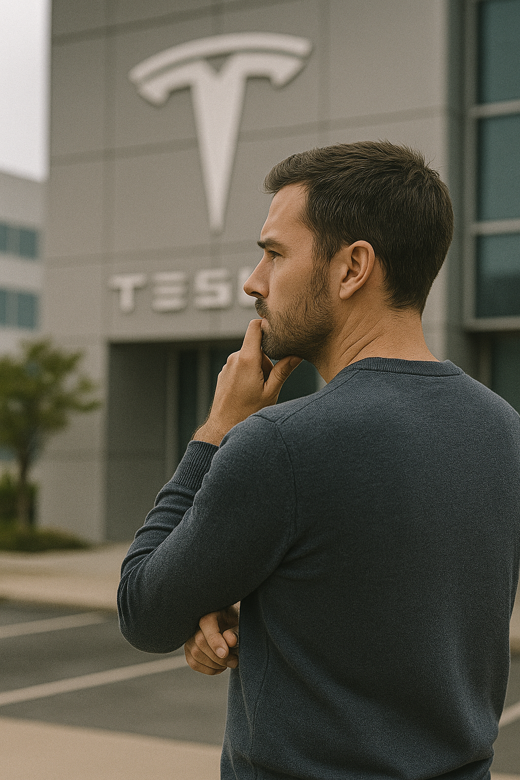 Man standing outside of a Tesla building